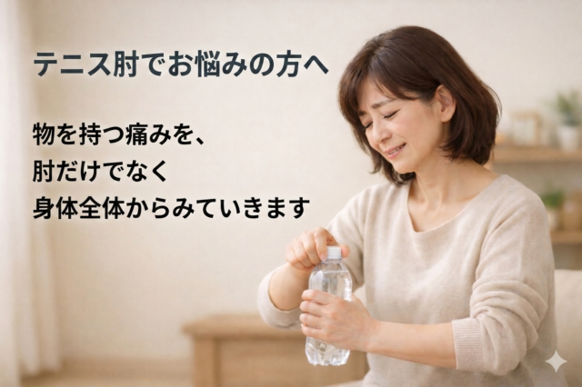 テニス肘で物を持つ動作の際に肘の外側へ負担がかかり、ペットボトルのふたを開けるのがつらい様子の女性