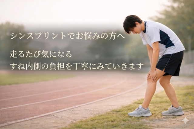 シンスプリントによるすね内側からふくらはぎ内側の負担が気になり、陸上トラック脇で患部に手を添える若い日本人ランナーのイメージ