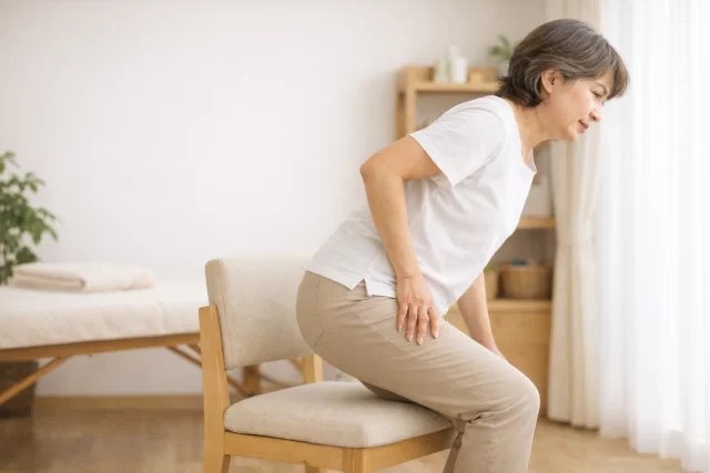変形性股関節症による股関節の痛みや鼠径部の詰まり感で、椅子から立ち上がる動作がつらい60代女性のイメージ
